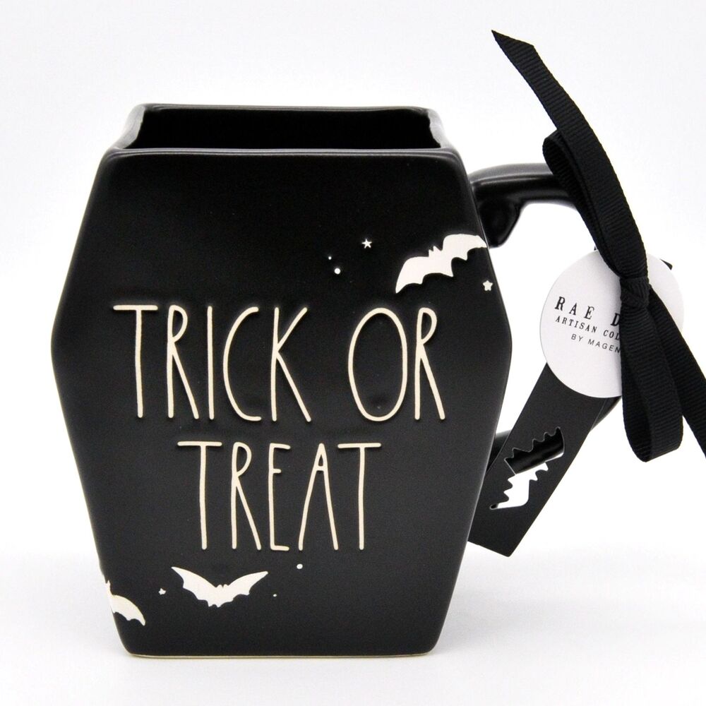 Rae Dunn Coffin Mug, Trick or Treat Bat Mug, 16oz Black Ceramic Coffee Cup, New